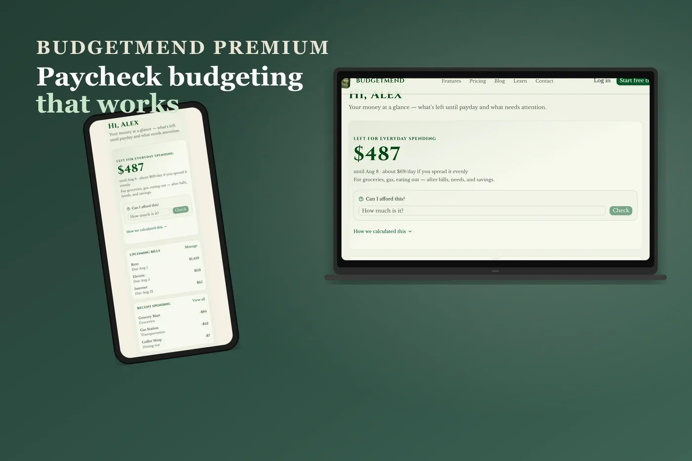 Budgetmend app interface with paycheck calendar and grocery budget features.